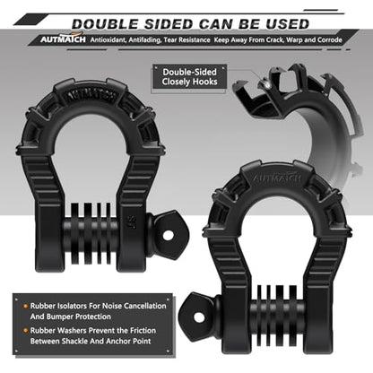 AUTMATCH D Ring Shackles 3/4" Mega Shackle (2 Pack) 68,000Ibs Break Strength - Heavy Duty Clevis Shackles 7/8" Screw Pin & Isolator Washer for Tow Strap Winch Off Road Vehicle Recovery, Frosted Black - color: Frosted Black