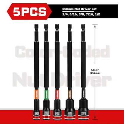 Geinxurn Impact Nut Driver Set, 5 Pieces 6”Long 1/4”5/16”3/8”7/16”1/2”6 Point Alloy Steel Magnetic SAE Nut Setter Set Use For Require Installing 1/4 Hex Shank Impact Driver with Case Box - size: 6", style: MIXS-5pcs