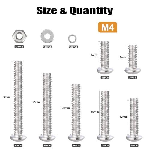 VGBUY 500pcs M4 Screws Assortment, M4 Screws (7 Sizes 6-30mm) for 3D Printer DIY, Hex Button Head Cap Screw Bolts Nuts Washer Kit, 304 Stainless Steel, 6/8/12/16/20/25/30mm - size: M4x6/8/12/16/20/25/30mm, style: Button Head