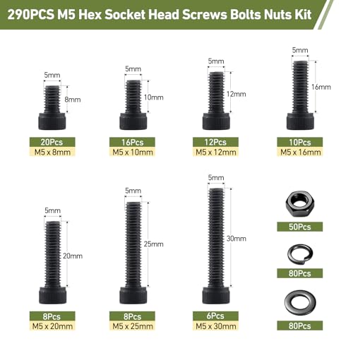 290Pcs M5 Screws Assortment Kit,Hex Socket Head Cap Screws Bolts Nuts Washer Set,12.9 Grade Alloy Steel,Black Oxide M5 x 8/10/12/16/20/25/30mm,for 3D Printer,DIY Project - size: M5 290PCS Socket Black