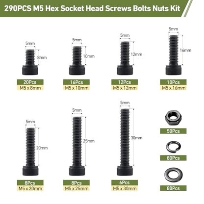 290Pcs M5 Screws Assortment Kit,Hex Socket Head Cap Screws Bolts Nuts Washer Set,12.9 Grade Alloy Steel,Black Oxide M5 x 8/10/12/16/20/25/30mm,for 3D Printer,DIY Project - size: M5 290PCS Socket Black