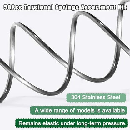 50Pcs Torsional Springs Assortment Kit 15 Sizes 304 Stainless Steel,45/90/120 Degree for Home Repairs & DIY Springs Assortment