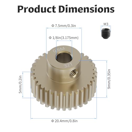 Pinion Motor Gear, M0.6 32T, 1/8 in (3.175mm) Shaft Hole | M0.6 Pitch 32 Teeth, 7075 Aluminum Alloy, 1/8 Inch Shaft Hole, RC Motor Pinion Upgrade, for 1/10 RC Brushless Crawler - size: M0.6 32T