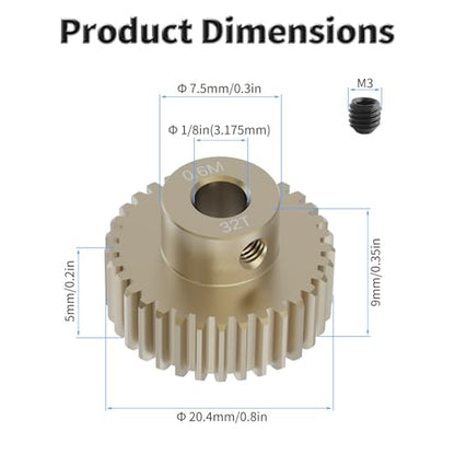 Pinion Motor Gear, M0.6 32T, 1/8 in (3.175mm) Shaft Hole | M0.6 Pitch 32 Teeth, 7075 Aluminum Alloy, 1/8 Inch Shaft Hole, RC Motor Pinion Upgrade, for 1/10 RC Brushless Crawler - size: M0.6 32T