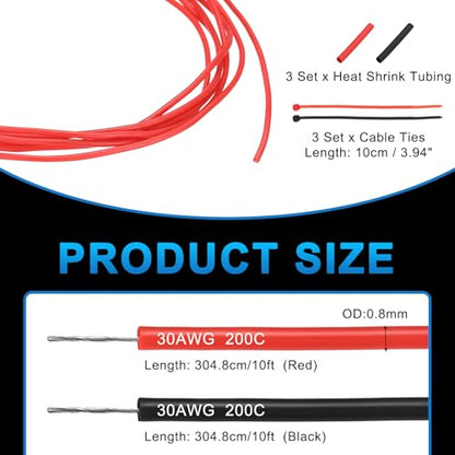MECCANIXITY 30 Gauge Silicone Electrical Wire Cable, 30 AWG 10ft Black and 10ft Red Electrical Wires High Temp 600V 200C Flexible Stranded Tinned Copper Wires Automotive Cable with Accessories - size: 30 Gauge 3m/10ft