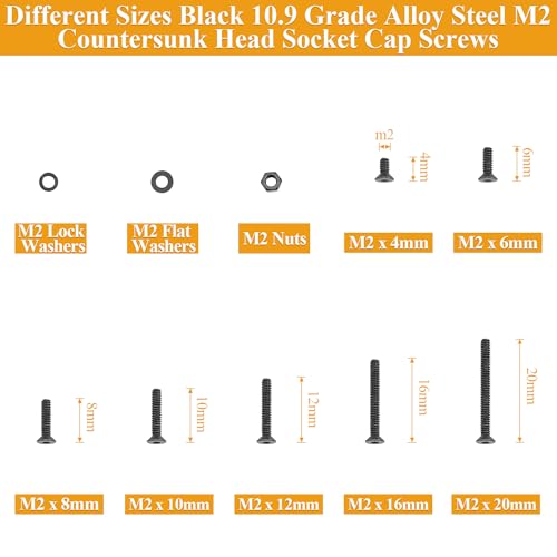 565 Pieces M2 Screws Nuts Washers Set Black, Sutemribor M2 x 4/6/8/10/12/16/20mm Countersunk Head Socket Cap Screws Nuts Washers Assortment Kit, 10.9 Grade Alloy Steel, Fully Threaded - size: M2, style: Countersunk Head Socket Cap