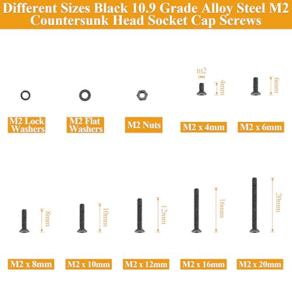565 Pieces M2 Screws Nuts Washers Set Black, Sutemribor M2 x 4/6/8/10/12/16/20mm Countersunk Head Socket Cap Screws Nuts Washers Assortment Kit, 10.9 Grade Alloy Steel, Fully Threaded - size: M2, style: Countersunk Head Socket Cap