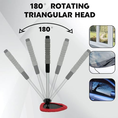 Windshield Cleaning Tool, Car Window Cleaner Tool, Vehicle Window Cleaning Kit with Extendable Handle & 4 Washable Microfiber Pad, Auto Interior Exterior Glass Wiper Cleaner for Office Home