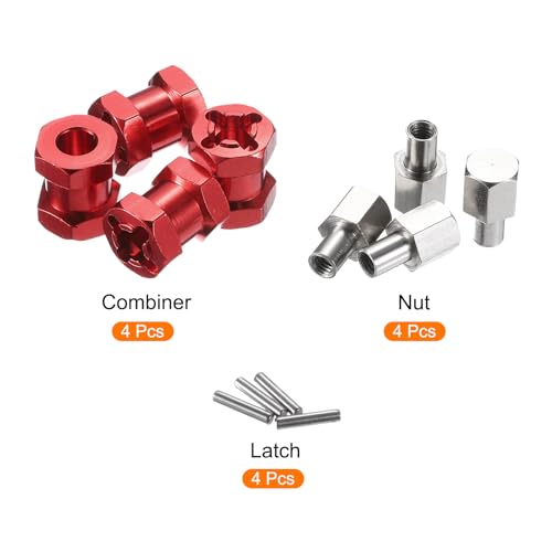 Generic 4pcs 12mm Wheel Hex Drive Hubs Adapter Combiner Coupler, Aluminum 15mm Extension with Nut Latch for 1/10 RC Crawler Car Parts, Red