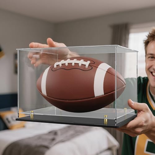 Acrylic Display Case with Raised Shelf & Ball Holder, Clear Display Box with Black Base & Gold Standoffs, Dustproof Showcase for Fullsize Football Soccer Gloves – Easy Assembly (12×8×9.6 Inch) - size: 12"L x 8"W x 9.6"H (with Ball Position)