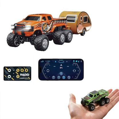 Mini Rc Truck,1/64 Scale Mini Remote Control Monster Truck with Trailer, 2.4Ghz Remote Control & APP, Rechargeable Alloy Shell RC Cars with Lights, Speed/Steering Adjustable (Orange) - color: Orange