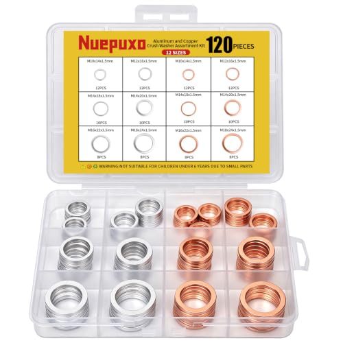 120PCS Crush Washer Oil Drain Plug, Aluminum & Copper Crush Washer | 12 Sizes Oil Drain Plug Gasket Assortment Kit for Automotive, Motorcycles, Marine and Mechanical Use (M10 M12 M14 M16 M18) - size: 120PCS(M10-M18)