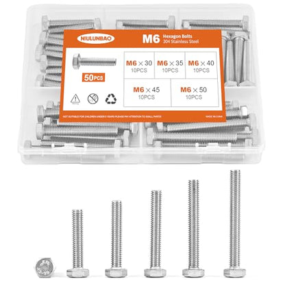 M6 x 30mm 35mm 40mm 45mm 50mm Heavy Duty Hexagon Bolts Hex Head Screws, 304 Stainless Steel, Metric, Machine Fully Thread, Bright Finish, Assortment Kit 50PCS - size: M6 x 30/35/40/45/50mm (50PCS)
