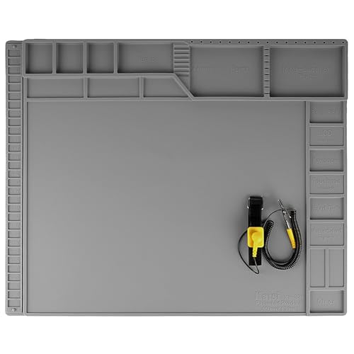 Kaisi Large Soldering Mat,Silicone Solder Mat,Magnetic Work Mats | Heat Resistant 932°F Electronic Solder Pad with Anti Static Wrist Strap for Soldering Station,Laptop,Watch Repair(Grey) - color: Gray Soldering Mat