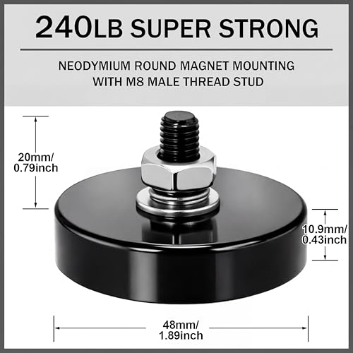Flutesan 4 Pieces Heavy Duty Round Mounting Magnet with Bolt 1.89in-240lb-m8 Black with Male Thread Stud Strong Earth Magnet Super Powerful for Lighting Camera Brackets License Plate - color: Black, size: 1.89in-240lb-m8