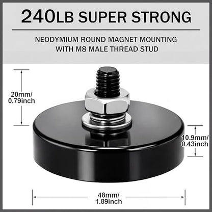 Flutesan 4 Pieces Heavy Duty Round Mounting Magnet with Bolt 1.89in-240lb-m8 Black with Male Thread Stud Strong Earth Magnet Super Powerful for Lighting Camera Brackets License Plate - color: Black, size: 1.89in-240lb-m8