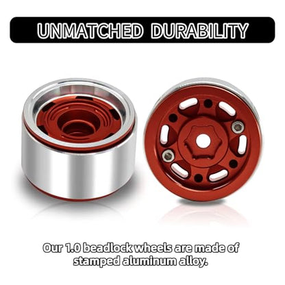 1.0 Beadlock Wheels, 4pcs Red | Aluminum RC Rims Hub with Positive Offset 7mm Hex for 1/18 1/24 RC Crawler Traxxas TRX4M Axial SCX24 AX24 FMS FCX24 Upgrades - color: Four Hole Model-red