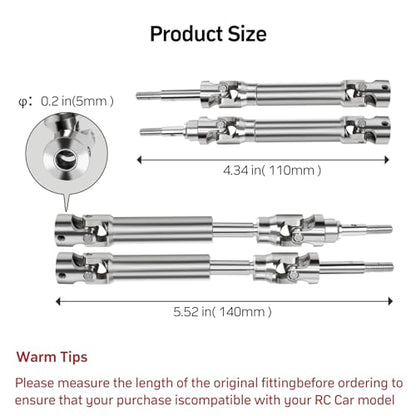 4Pcs Front and Rear CVD Drive Shafts U-Joint Steel Metal RC Driveshaft for 1/10 Traxxas Slash/Stampede/Hoss/Rustler VXL 4X4 4WD RC Car Upgrade Parts(Steel Metal Front&Rear Axle, Sliver)