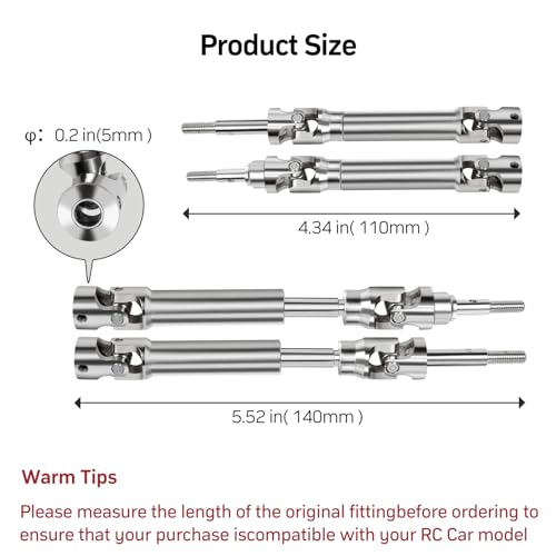 4Pcs Front and Rear CVD Drive Shafts U-Joint Steel Metal RC Driveshaft for 1/10 Traxxas Slash/Stampede/Hoss/Rustler VXL 4X4 4WD RC Car Upgrade Parts(Steel Metal Front&Rear Axle, Sliver)