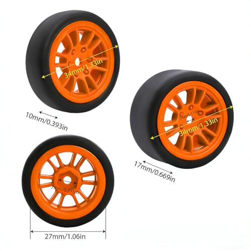 4PCS Finished Flat Running Drift Tires and Wheels 7MM Hexagon for 1/24 Losi Micro B Upgrades and 1/28 Losi Micro T Upgrades (b Orange) - color: B Orange