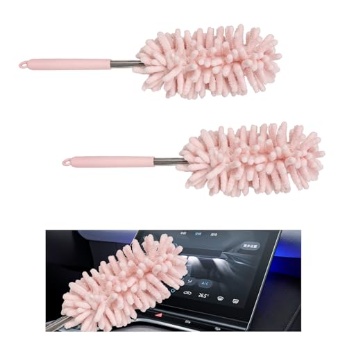 2PCS Car Interior Duster with Extension Pole, 11.8" to 30.5" Retractable Duster Washable Long Handle Cleaning Tool, Soft Chenille Detailing Brush for Auto Dash Vent Window (Light Pink) - color: Light Pink