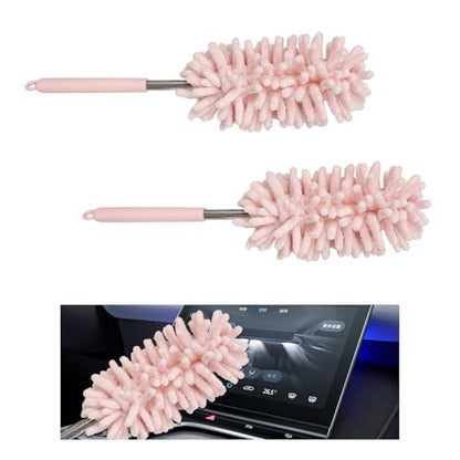 2PCS Car Interior Duster with Extension Pole, 11.8" to 30.5" Retractable Duster Washable Long Handle Cleaning Tool, Soft Chenille Detailing Brush for Auto Dash Vent Window (Light Pink) - color: Light Pink