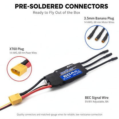 ZTW Beatles G2 60A ESC 2-6S Built-in Switching BEC 5V/6V 8A Brushless Speed Control for RC Airplane Aircraft Fixed-Wing - size: 60A