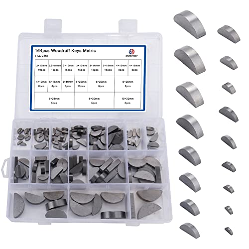 164Pcs 17 Sizes Metric Woodruff Key Kit, Carbon Steel Half Moon Keys | Precision-Machined for Shaft Keyways, Feather Keys & Crankshafts, Hardened Steel, Rust-Proof, for Machinery Fastening