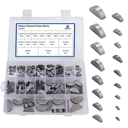 164Pcs 17 Sizes Metric Woodruff Key Kit, Carbon Steel Half Moon Keys | Precision-Machined for Shaft Keyways, Feather Keys & Crankshafts, Hardened Steel, Rust-Proof, for Machinery Fastening