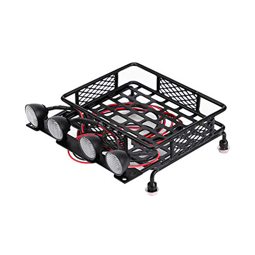 Small Size Roof Rack Luggage Carrier with 4 LED Lights, Lightweight, Compatible with Axial SCX10 1/10 RC Crawler Car (4 White) 1/10 Rc Roof Rack