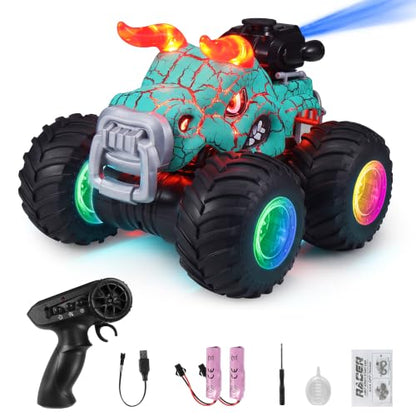 Remote Control Monster Truck Toys - 1000mAh Battery RC Stunt Car | 2.4GHz Remote Control, Flat & Upright 360° Spins, Trucks for Kids Ages 4-12, Birthday & Holiday Gifts for Boys & Girls - color: Green