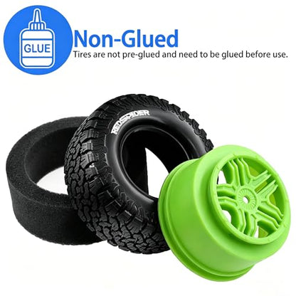 1/10 RC Short Course Truck Plastic Wheels 12mm Hex and Tires OD 4.41" 5-Spok Off Road Tyres for 1:10 Scale Truck Car TRAXXAS Slash 4X4 2WD ARRMA SENTON 3S Losi Redcat Rc4wd 4PCS (Green) - color: Green