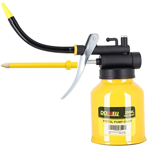 DOWELL Pistol Pump Oiler Metal Oil Can Lubrication Oil Gun 6.8oz 200ml Can Bottle with Straight Flexible Spout Yellow HY050203 - size: 6.8 oz