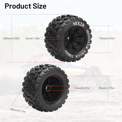 12mm Hex RC Wheels and Tires, daitoku MX28 RC Truck Tires for Traxxas Rustler Stampede Hoss 2wd 4x4 vxl Redcat RIAARIO AMORIL - Style B (Black) Not Glued