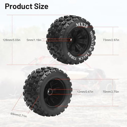 12mm Hex RC Wheels and Tires, daitoku MX28 RC Truck Tires for Traxxas Rustler Stampede Hoss 2wd 4x4 vxl Redcat RIAARIO AMORIL - Style B (Black) Not Glued