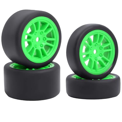 4PCS Pre-Glued On-Road Drift Racing Smooth Rubber Tires and Wheel Rims Set 7MM Hexagon for 1/24 Losi Micro-B RC Car Upgrades Parts (12Spoke-Green) - color: 12spoke-green