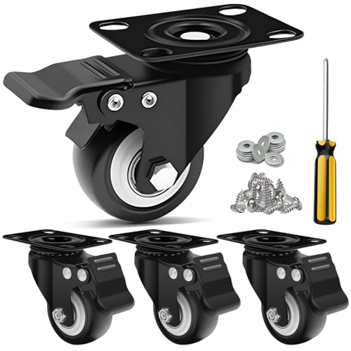 2 Inch Plate Caster Set of 4, PU Swivel Wheel with Dual Brakes - Black | Smooth 360° rotation,dual locking brake,silent PU wheels - color: Black, size: 2 IN