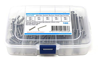 iexcell 100 Pcs M4 x 20/25/30/35/40 Stainless Steel 304 Hex Socket Button Head Cap Screws Bolts Assortment Kit - size: M4 x 20/25/30/35/40mm