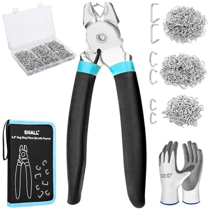SHALL Bent Hog Ring Pliers Kit with 600pcs Galvanized Hog Rings (3/8’’, 1/2’’, 3/4’’) for Upholstery, Fence, Animal Pet Cages, Bungee Cords, Bagging, Protective Gloves, Storage Case & Bag Included - style: Bent Head