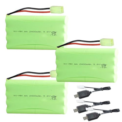 3Pcs 9.6V 2400mAh NI-MH Battery Pack RC Replacement Rechargeable AA Battery Pack with Tamiya USB Charger Cable for Toys,Drone,Remote Control Car Accessory