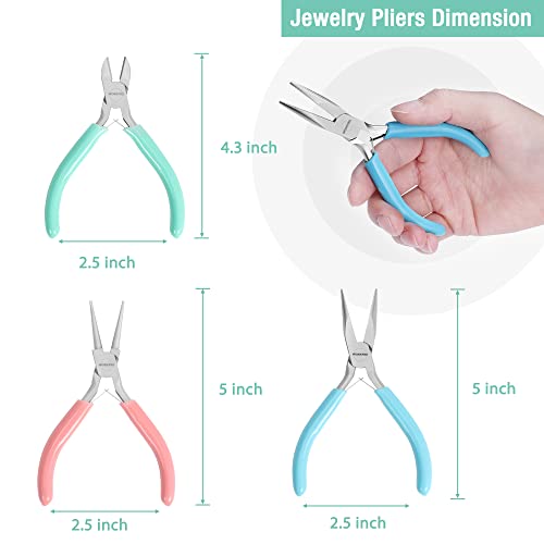 WORKPRO Jewelry Pliers Set, 3 Pack Jewelry Making Tool Kit | Includes Mini Needle Nose Plier/Chain Nose Plier, Round Nose Plier and Wire Cutter for Jewelry Repair & Making, DIY Crafts - color: Light Blue, Light Green, Pink