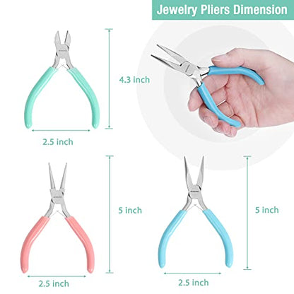 WORKPRO Jewelry Pliers Set, 3 Pack Jewelry Making Tool Kit | Includes Mini Needle Nose Plier/Chain Nose Plier, Round Nose Plier and Wire Cutter for Jewelry Repair & Making, DIY Crafts - color: Light Blue, Light Green, Pink