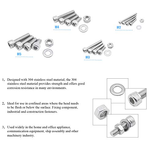 DYWISHKEY 1220 PCS M2 M3 M4 M5, 304 Stainless Steel Hex Socket Head Cap Bolts Screws Nuts Washers Assortment Kit with Hex Wrenches - color: silver-white
