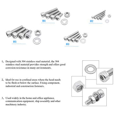 DYWISHKEY 1220 PCS M2 M3 M4 M5, 304 Stainless Steel Hex Socket Head Cap Bolts Screws Nuts Washers Assortment Kit with Hex Wrenches - color: silver-white