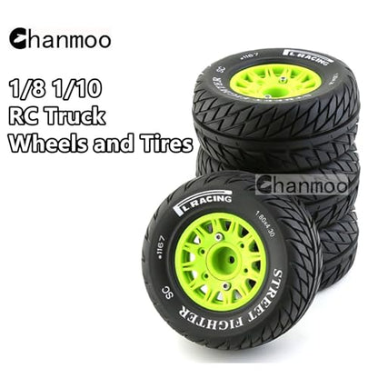 1/10 RC Short Course Truck Tires And Wheels With 12mm 14mm 17mm Hex 113mm 1/8 Rubber Tyres For 1/8 or 1/10 Scale On Road Car HSP Sonic 94102 GT PTG-2 Tamiya TT02 RC Racing Car 4PCS (Green B) - color: Green B