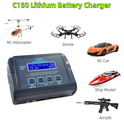 C150 150W 10A Smart Lithium Battery Charger Discharger, RC Balance Charger for LiPo Li-ion Life LiHV NiMH NiCd PB Battery, with LCD Screen Control, Multiple Interfaces & USB Port