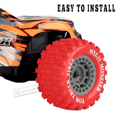 100 * 52MM 1/16 RC Monster Truck Tires 12mm Hex Adapters All-Terrain Traction Tires fit for Mini Maxx/Mini XRT, MJX 16207/16208/16209/16210,HSP 94186,E-Revo,L0S1,1/18 Mini LMT,Red&Grey - color: Red&Grey(4pcs)