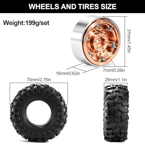 1.3" Beadlock Wheels and Tires for SCX24 TRX4M RC Crawler (Bronze) | CNC Aluminum Beadlock Wheels, Ultra-Soft Sticky Rubber Tires, Built-in Foam Inserts, 70*28mm - color: Bronze 368 F