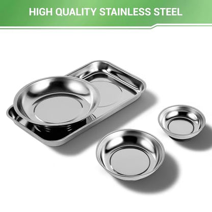 GURADESIGN Magnetic Tray 4-Piece, Large Magnetic Parts Tray and Round Magnetic Parts Tray Set, Stainless Steel Heavy Duty 9.5" W x 5.5''L Square and 6" 4" 3"Round Tools Tray