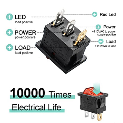 5 Pack KCD1 SPST On/Off Red LED Boat Rocker Toggle Switch | 3-Pin 2-Position Snap In, Only for DC 12V-24V 20A - color: Red, size: DC 12V-24V 20A - Not Pre-Wired